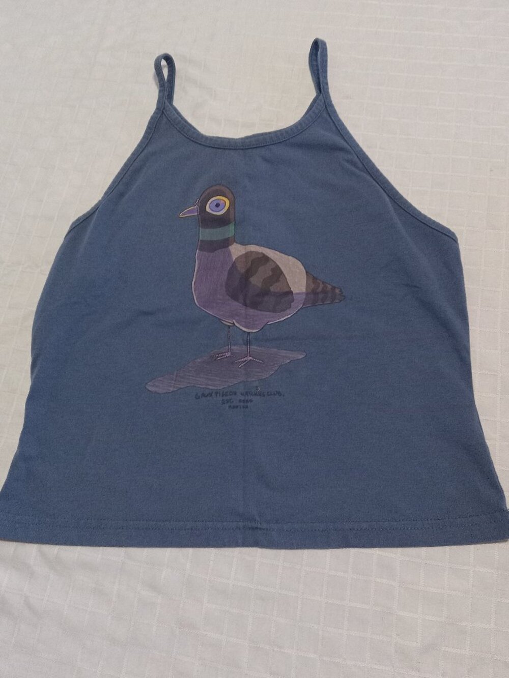 Pretty blue crop top camisole with a curious duck Large made smaller